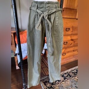 Olive Green Tie-Waist Womens Casual Pants; Heavy Cotton w/Stretch; Zipper; Sz M